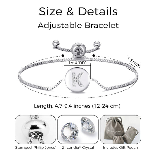 Initial Friendship Bracelet Letter K Created with Zircondia® Crystals - Philip Jones Jewellery
