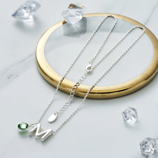 Initial M Necklace with Birthstone Charm Created with Zircondia® Crystals - Philip Jones Jewellery