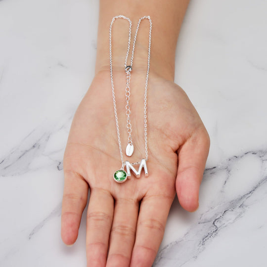 Initial M Necklace with Birthstone Charm Created with Zircondia® Crystals - Philip Jones Jewellery