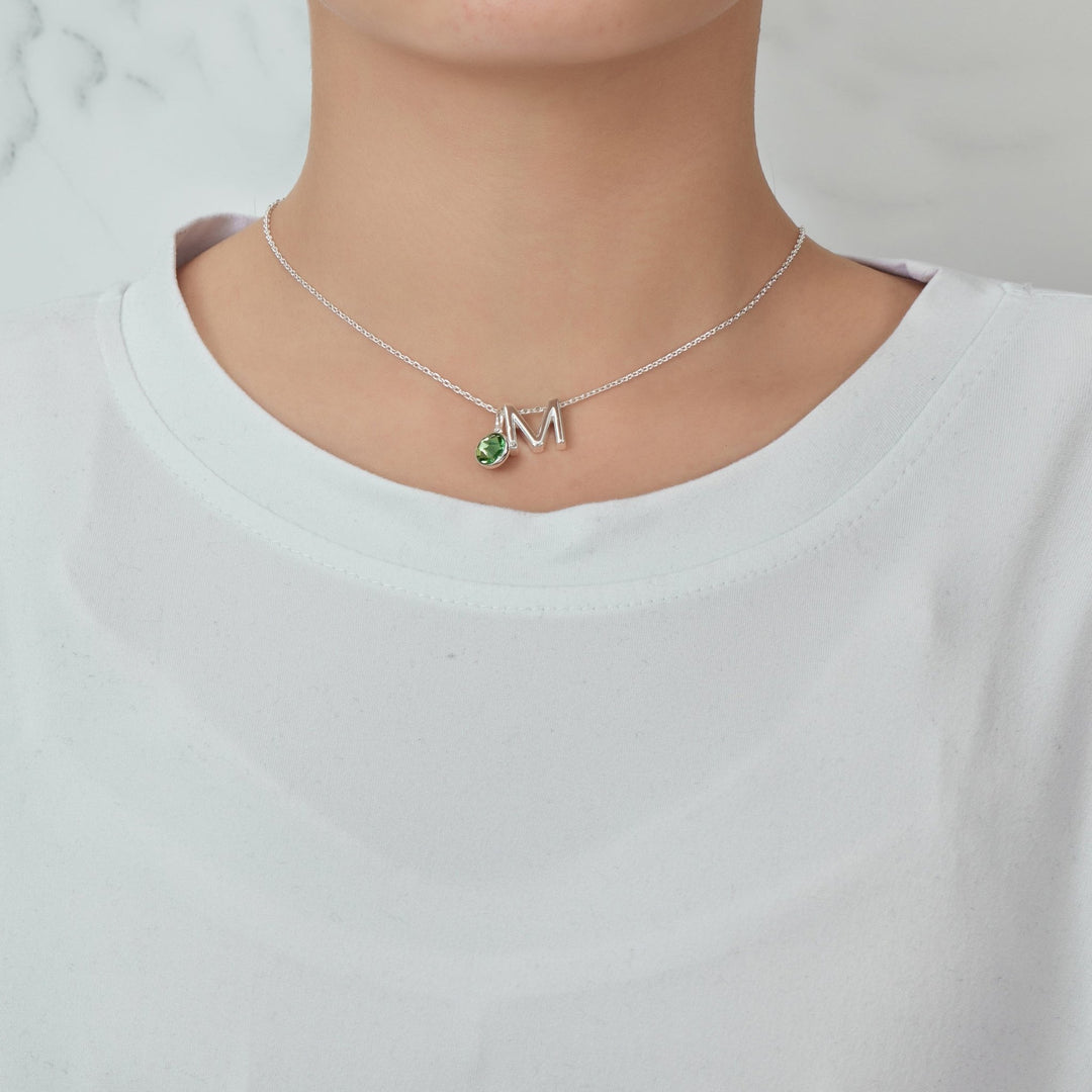 Initial M Necklace with Birthstone Charm Created with Zircondia® Crystals - Philip Jones Jewellery
