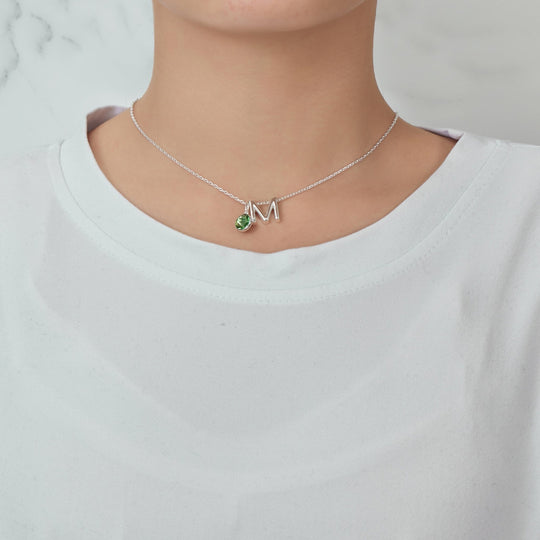 Initial M Necklace with Birthstone Charm Created with Zircondia® Crystals - Philip Jones Jewellery