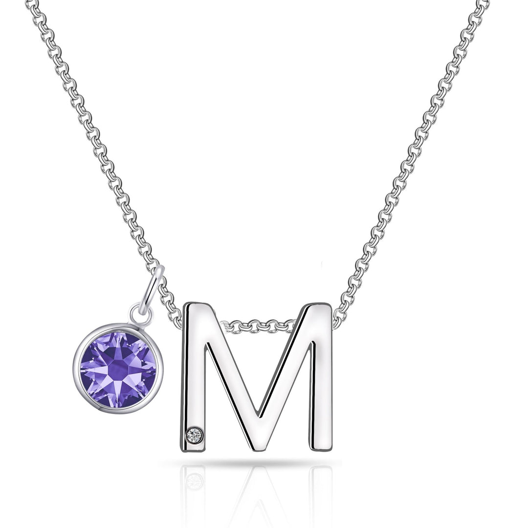Initial M Necklace with Birthstone Charm Created with Zircondia® Crystals - Philip Jones Jewellery
