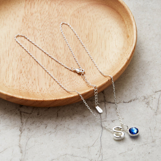 Initial S Necklace with Birthstone Charm Created with Zircondia® Crystals - Philip Jones Jewellery