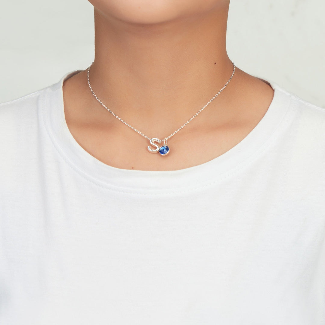Initial S Necklace with Birthstone Charm Created with Zircondia® Crystals - Philip Jones Jewellery
