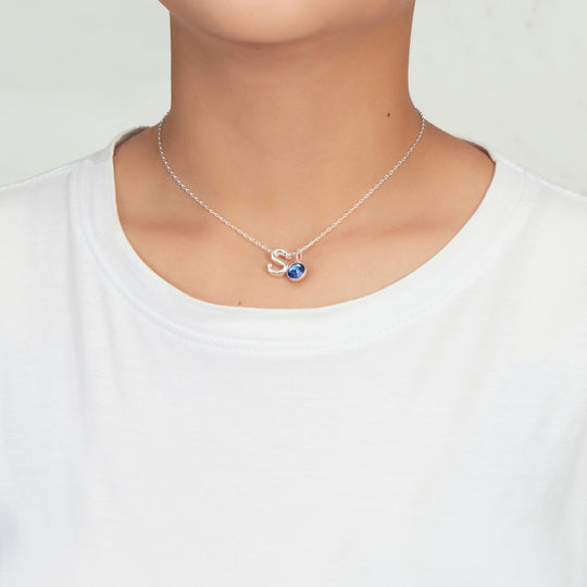 Initial S Necklace with Birthstone Charm Created with Zircondia® Crystals - Philip Jones Jewellery