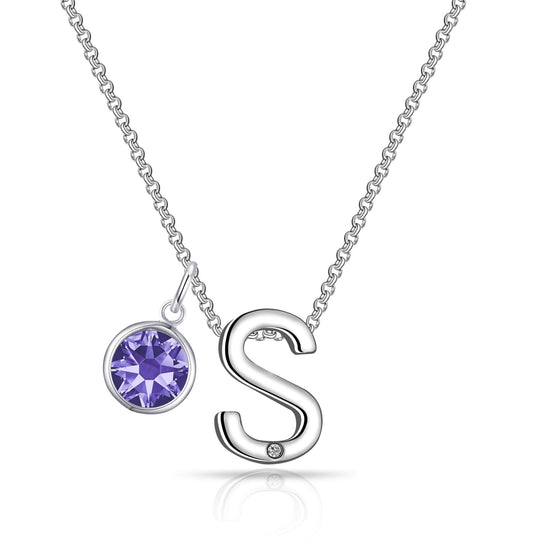 Initial S Necklace with Birthstone Charm Created with Zircondia® Crystals - Philip Jones Jewellery