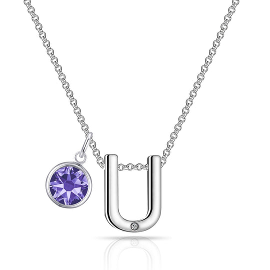 Initial U Necklace with Birthstone Charm Created with Zircondia® Crystals - Philip Jones Jewellery
