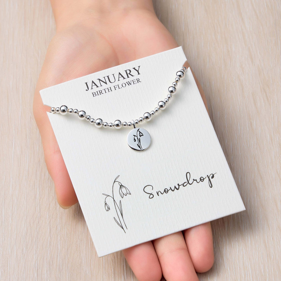January Birth Flower Snowdrop Beaded Stretch Bracelet