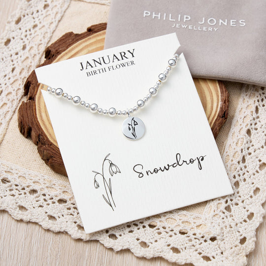 January Birth Flower Snowdrop Beaded Stretch Bracelet
