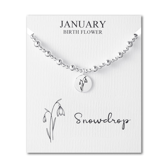 January Birth Flower Snowdrop Beaded Stretch Bracelet