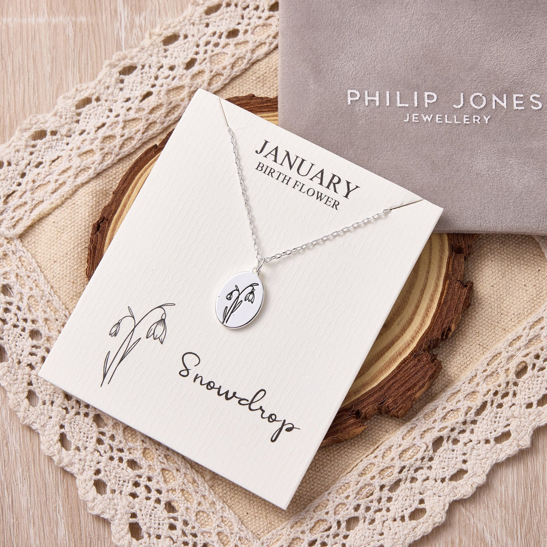 January Birth Flower Snowdrop Necklace with Card - Philip Jones Jewellery