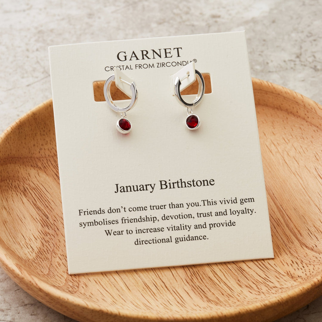 January Birthstone Hoop Earrings Created with Garnet Zircondia® Crystals - Philip Jones Jewellery