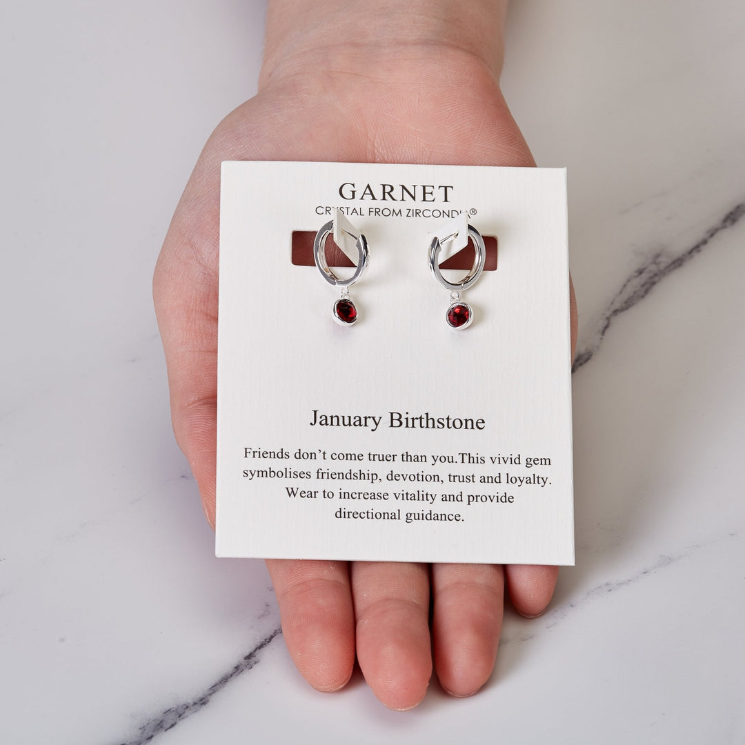 January Birthstone Hoop Earrings Created with Garnet Zircondia® Crystals - Philip Jones Jewellery