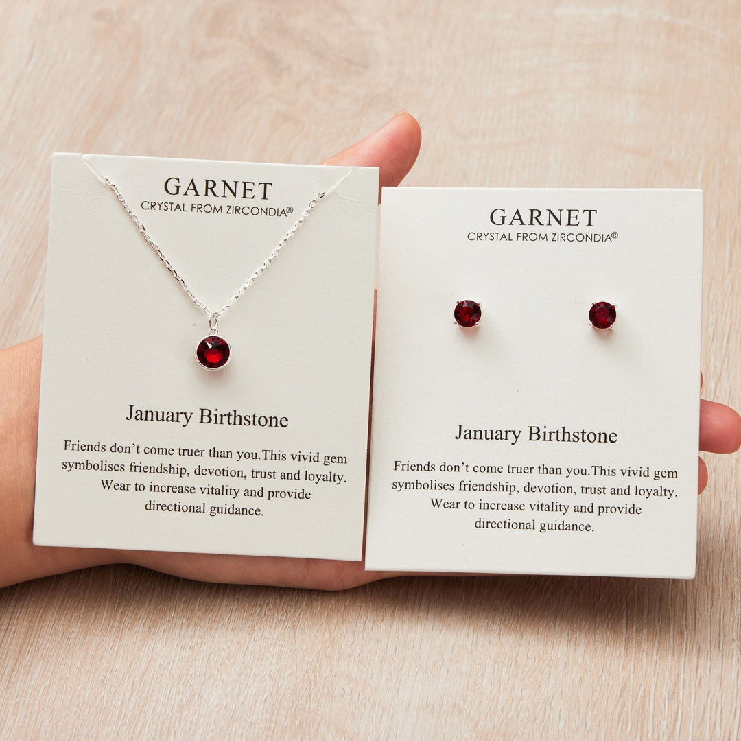 January (Garnet) Birthstone Necklace & Earrings Set Created with Zircondia® Crystals - Philip Jones Jewellery