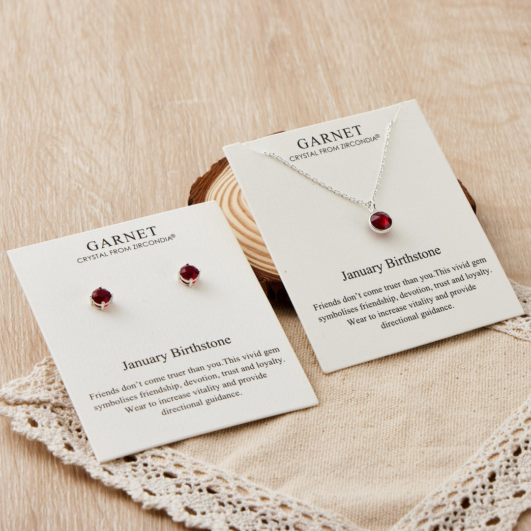January (Garnet) Birthstone Necklace & Earrings Set Created with Zircondia® Crystals - Philip Jones Jewellery
