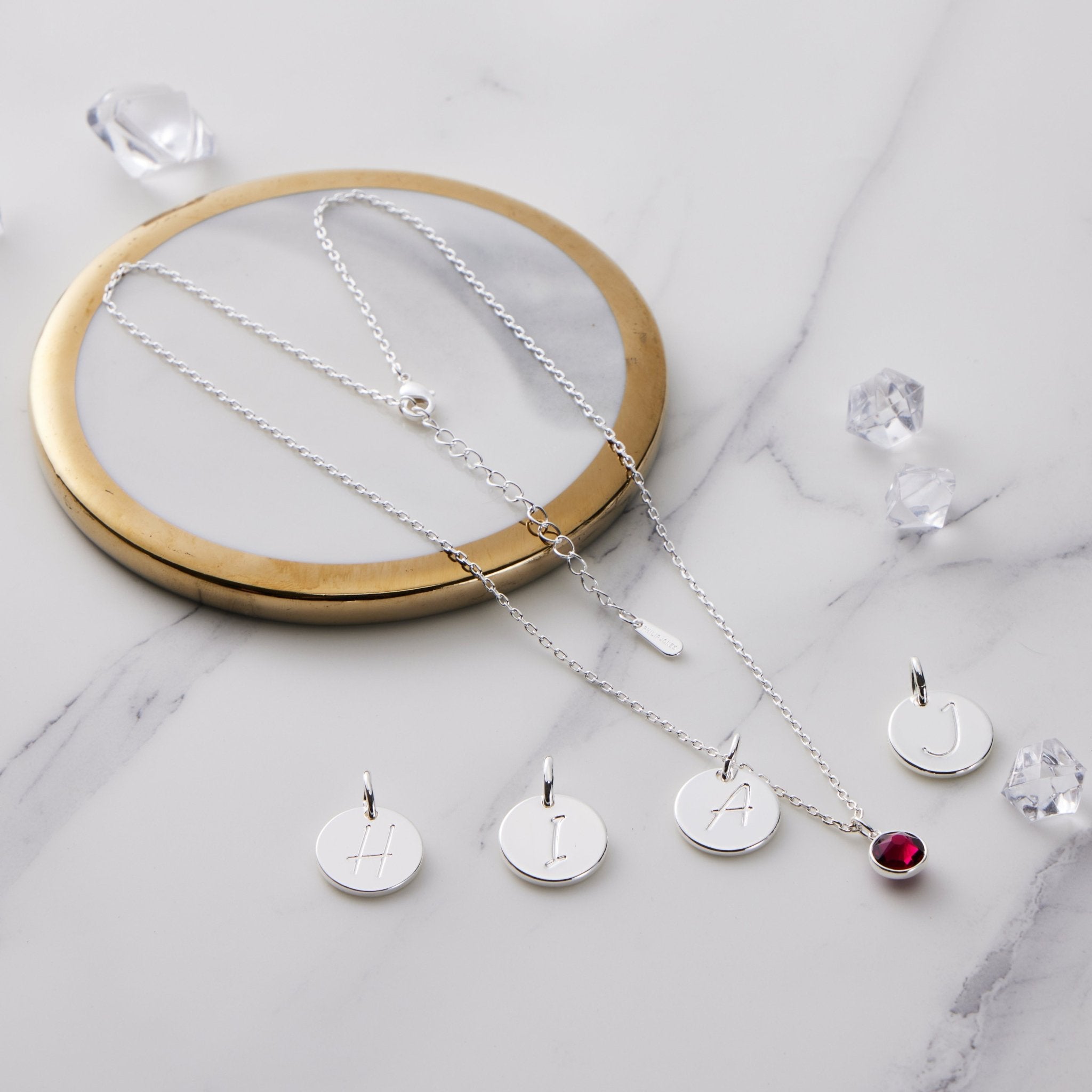 January (Garnet) Birthstone Necklace with Initial Charm (A to Z) Created with Zircondia® Crystals - Philip Jones Jewellery