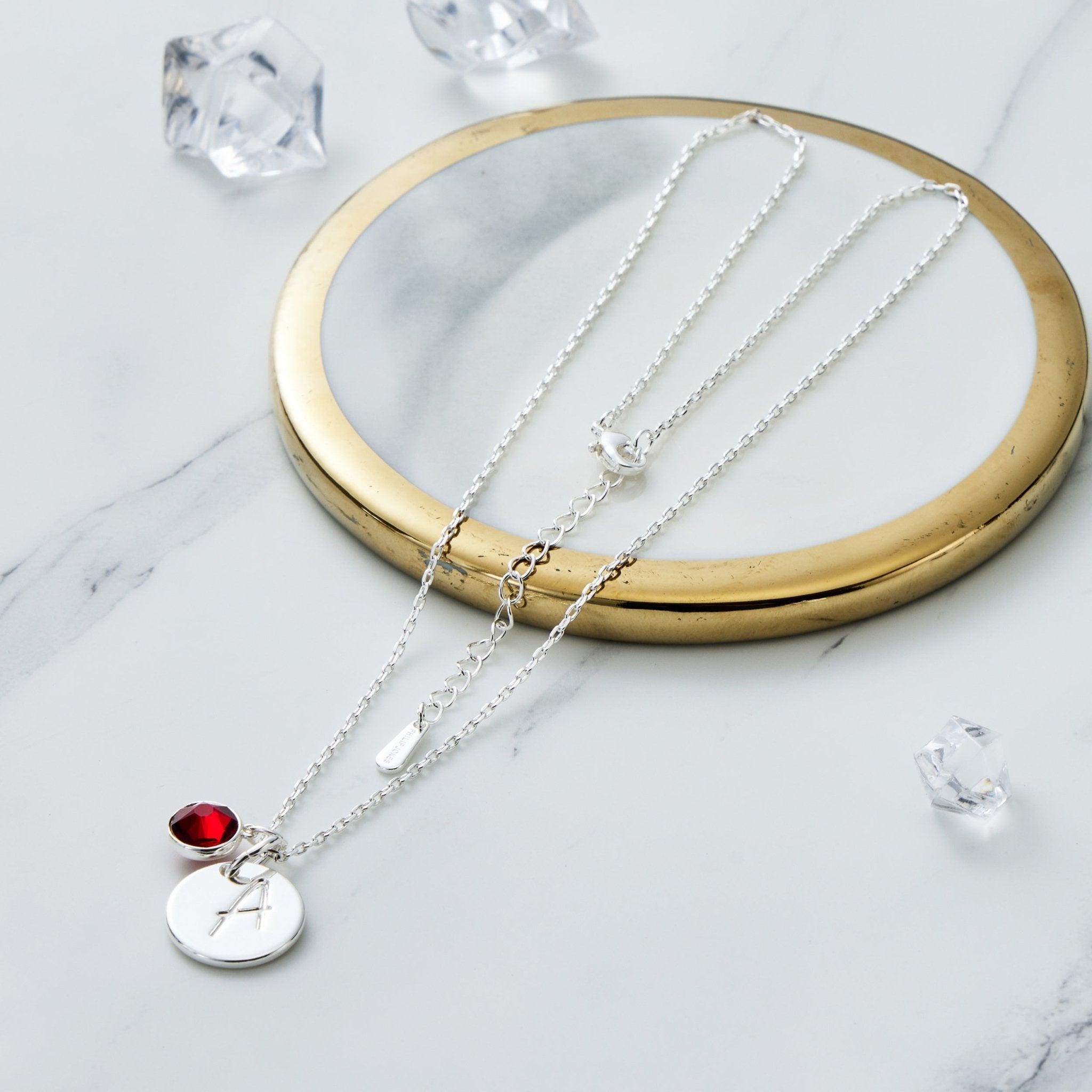 January (Garnet) Birthstone Necklace with Initial Charm (A to Z) Created with Zircondia® Crystals - Philip Jones Jewellery