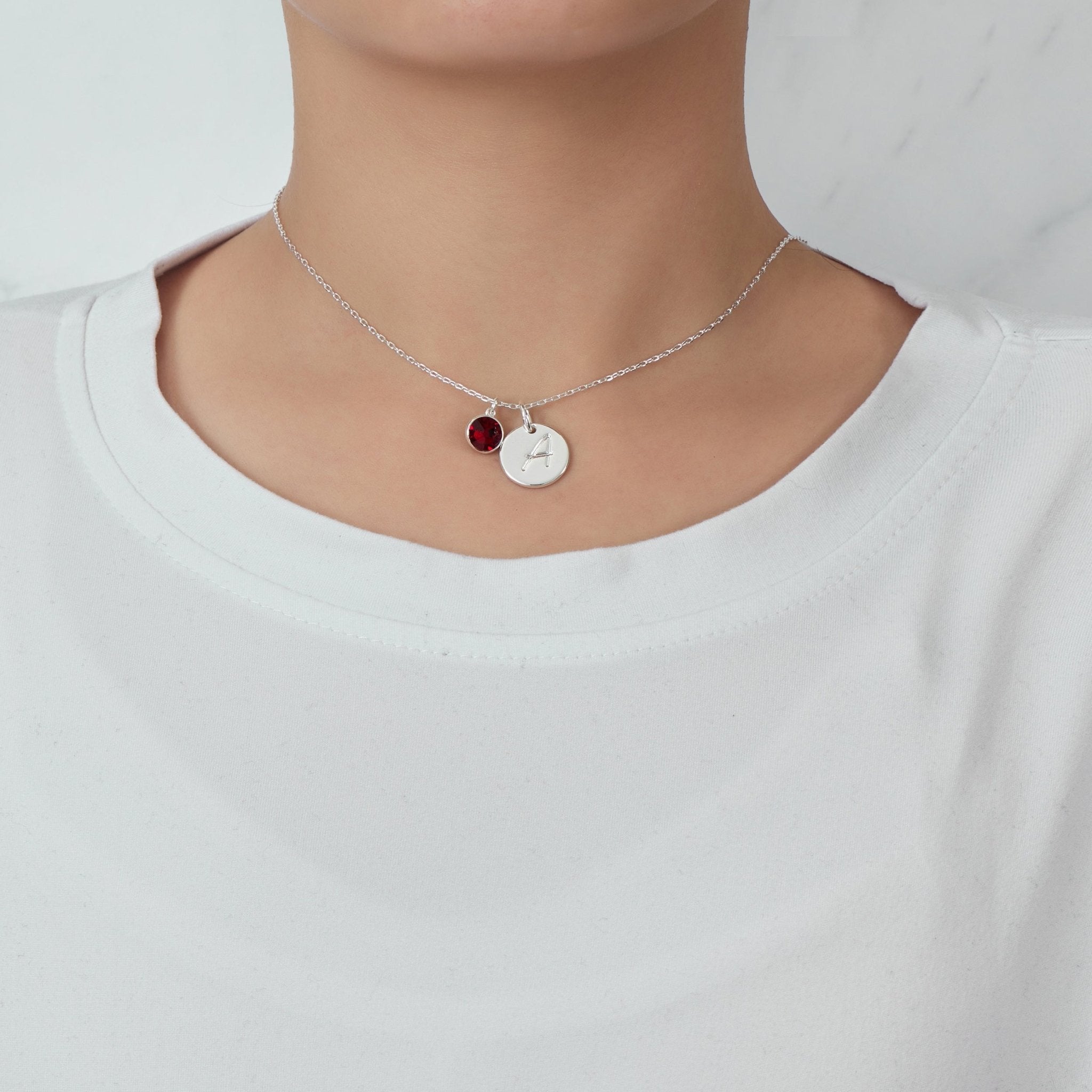 January (Garnet) Birthstone Necklace with Initial Charm (A to Z) Created with Zircondia® Crystals - Philip Jones Jewellery