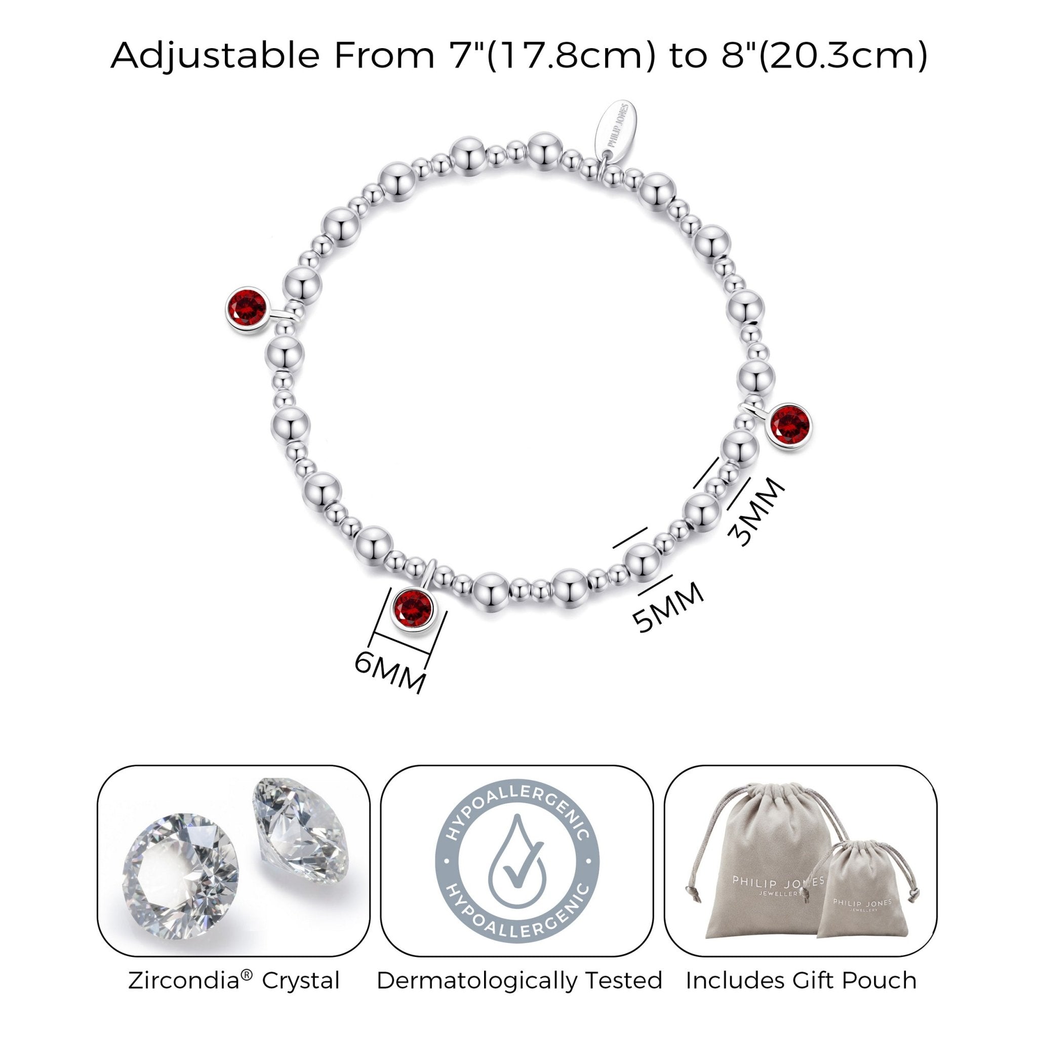 January (Garnet) Birthstone Stretch Charm Bracelet with Quote Gift Box - Philip Jones Jewellery