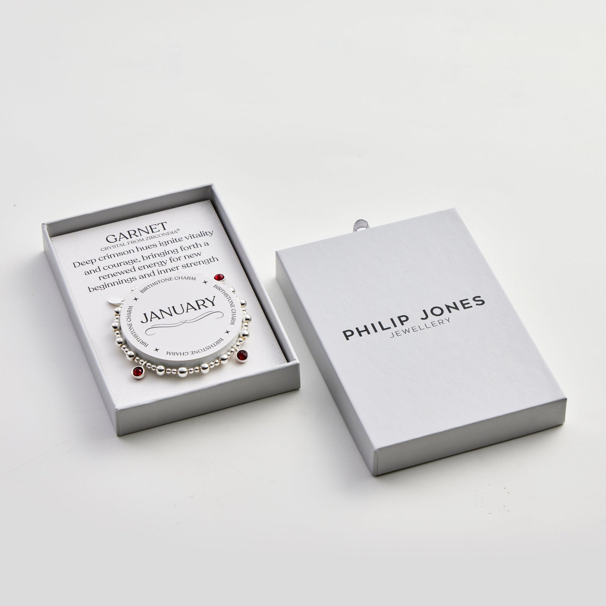 January (Garnet) Birthstone Stretch Charm Bracelet with Quote Gift Box - Philip Jones Jewellery