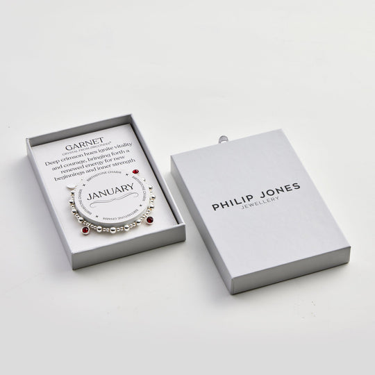 January (Garnet) Birthstone Stretch Charm Bracelet with Quote Gift Box - Philip Jones Jewellery