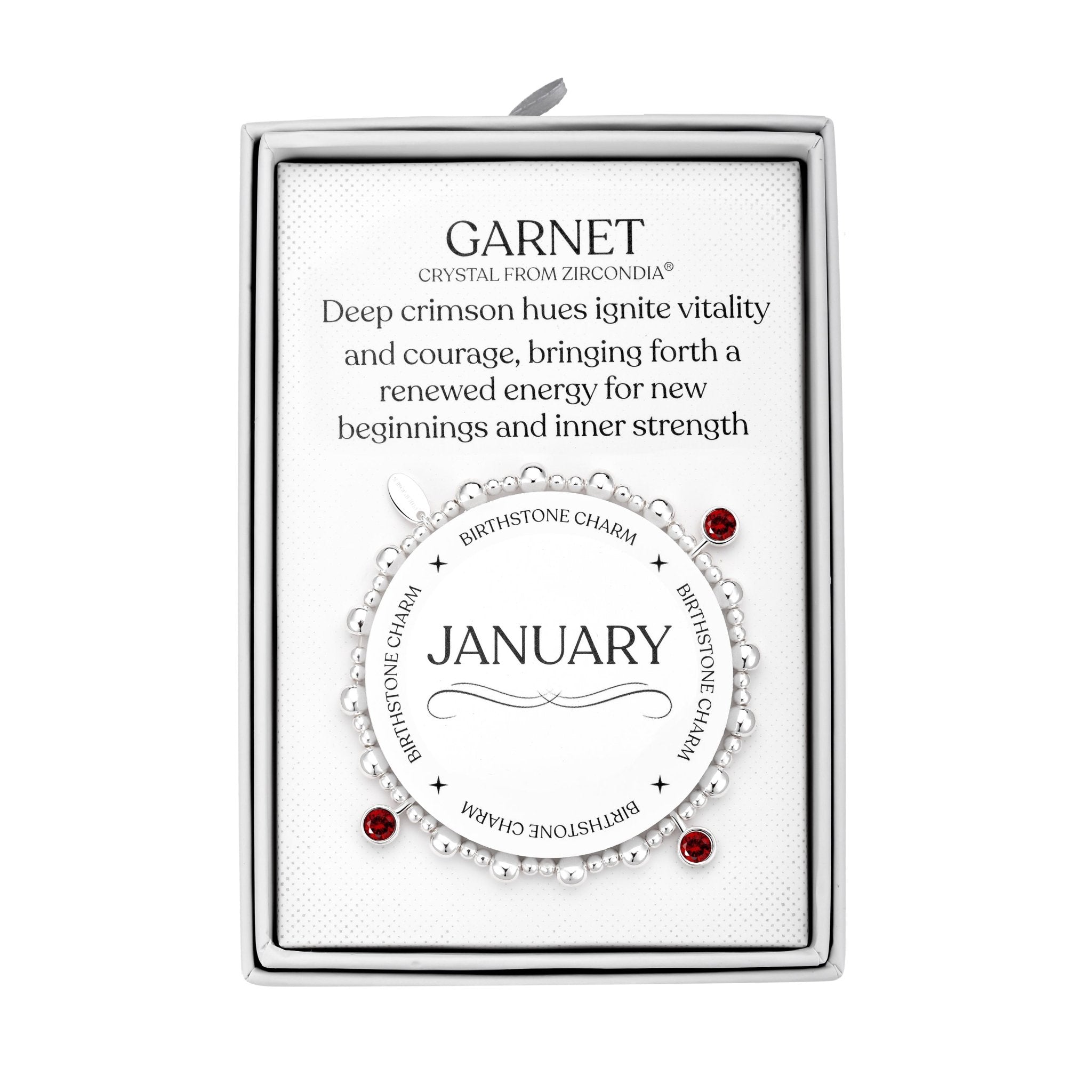 January (Garnet) Birthstone Stretch Charm Bracelet with Quote Gift Box - Philip Jones Jewellery