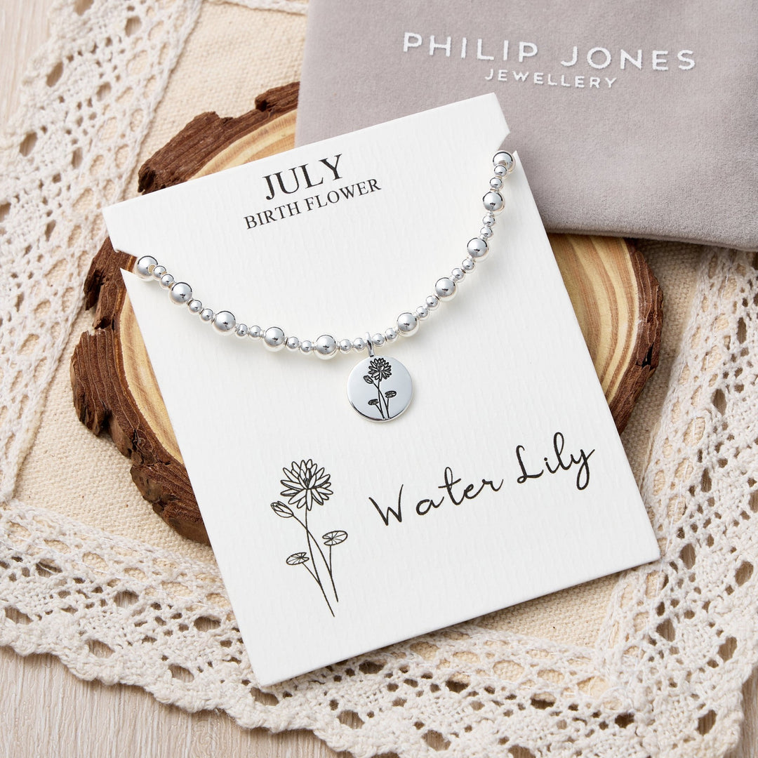 July Birth Flower Water Lily Beaded Stretch Bracelet