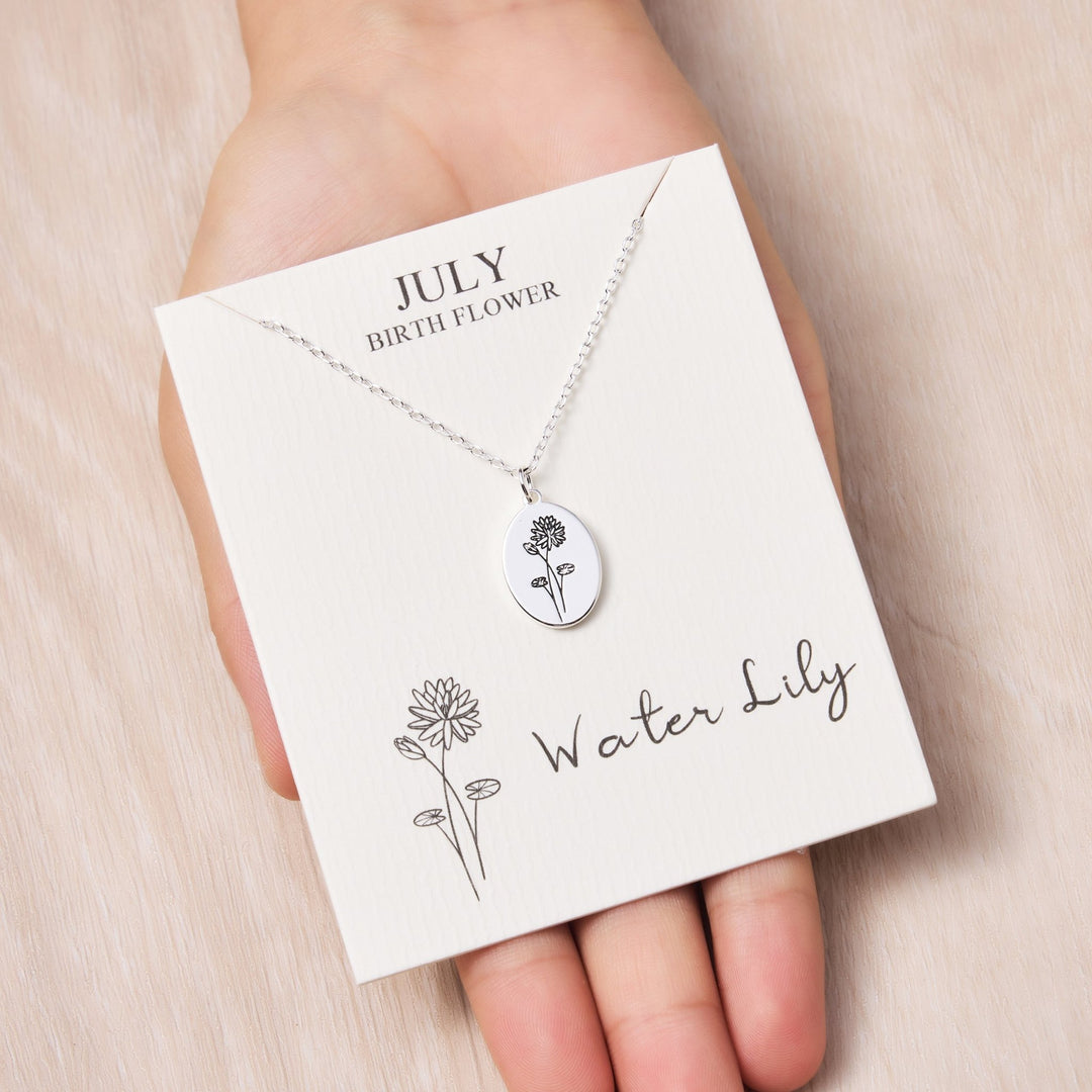 July Birth Flower Water Lily Necklace with Card - Philip Jones Jewellery