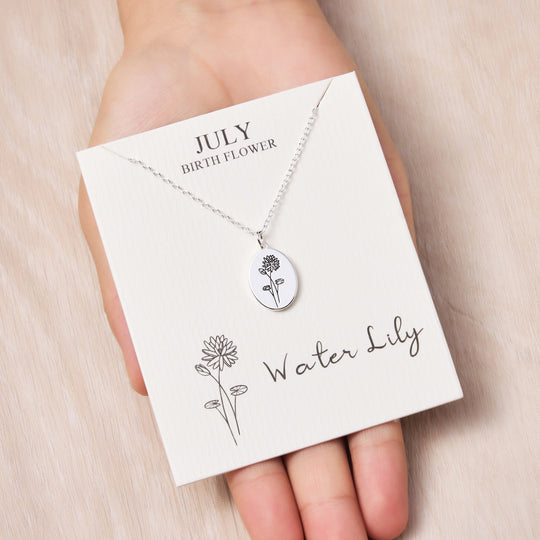 July Birth Flower Water Lily Necklace with Card - Philip Jones Jewellery