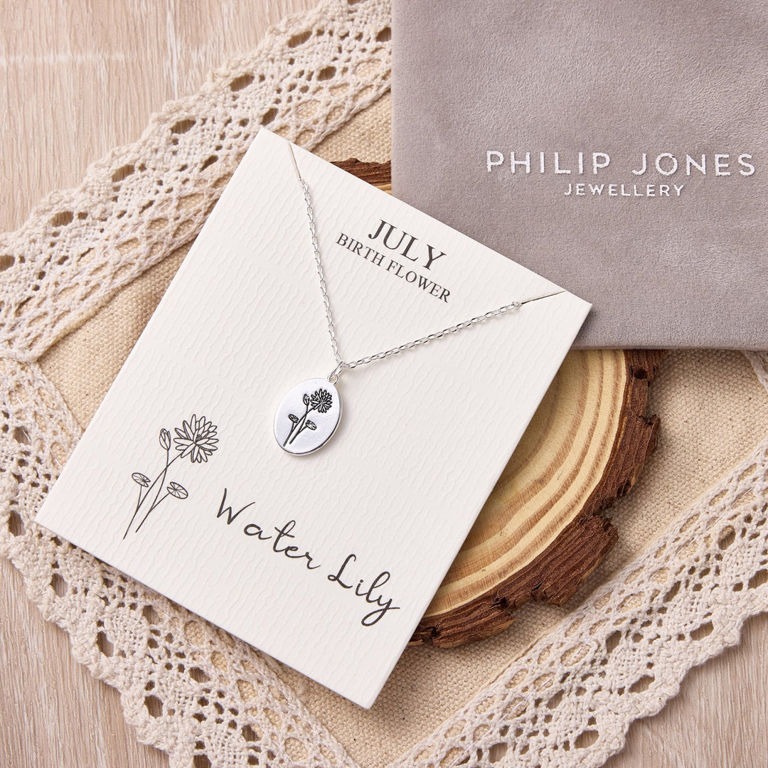 July Birth Flower Water Lily Necklace with Card - Philip Jones Jewellery