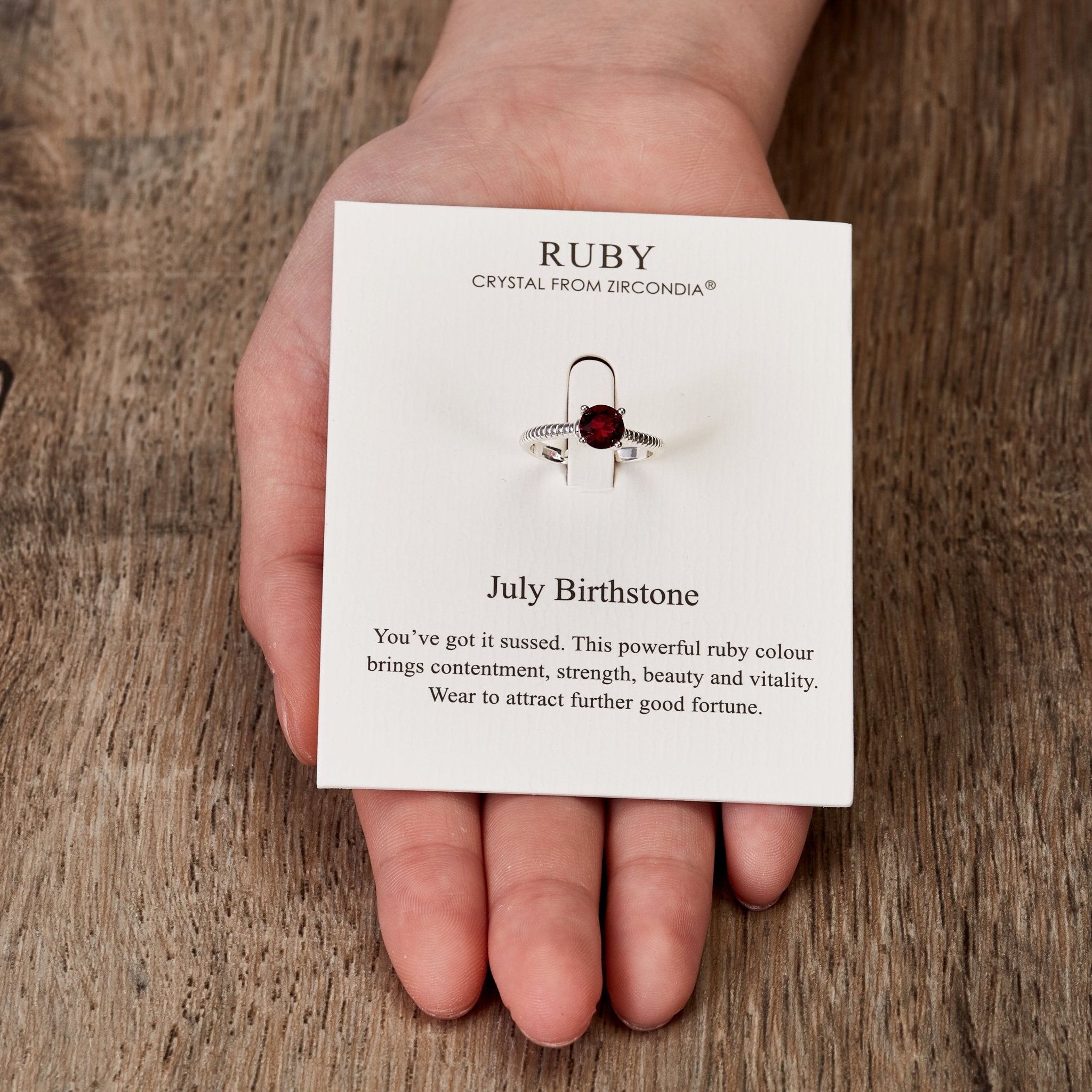 July (Ruby) Adjustable Birthstone Ring Created with Zircondia® Crystals - Philip Jones Jewellery