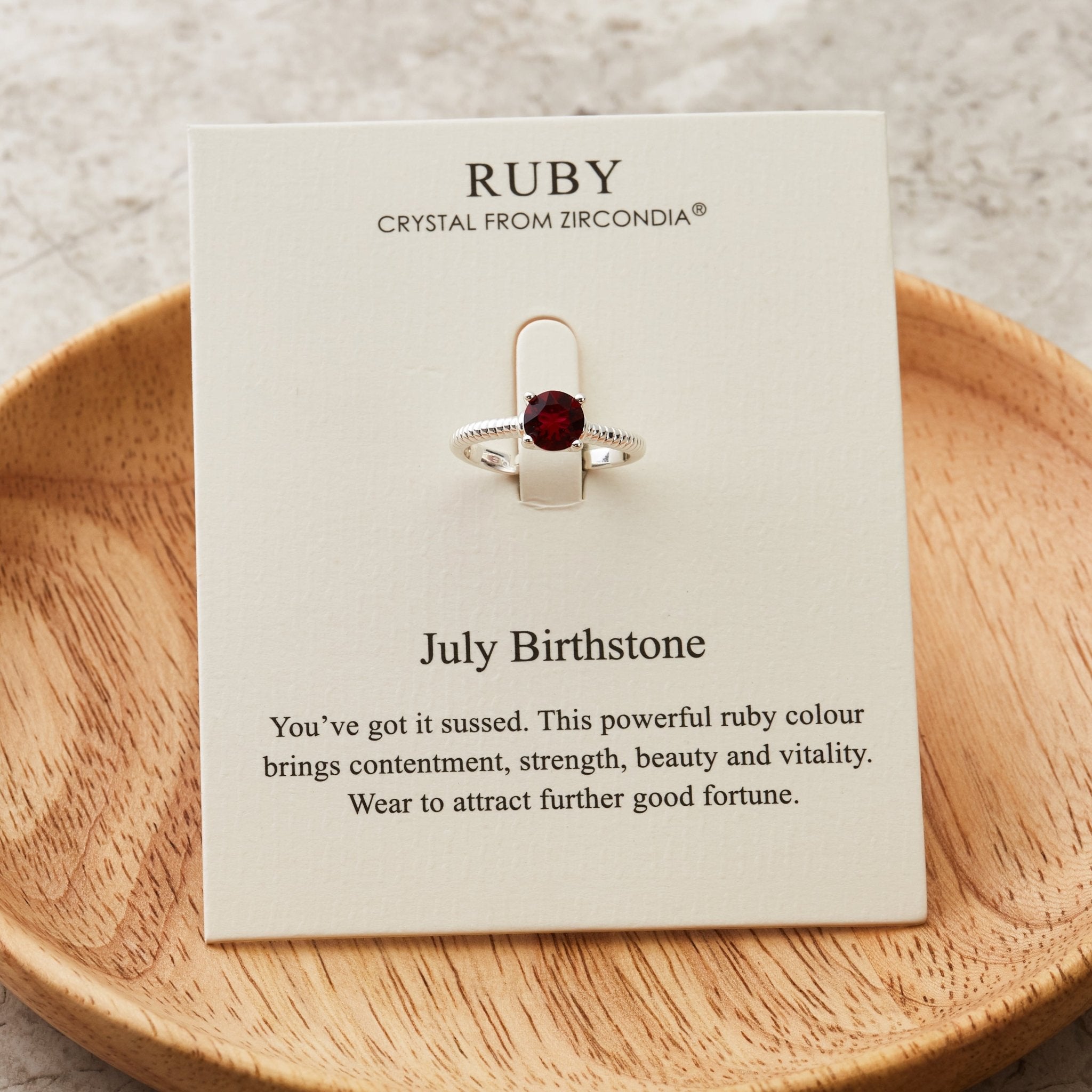 July (Ruby) Adjustable Birthstone Ring Created with Zircondia® Crystals - Philip Jones Jewellery