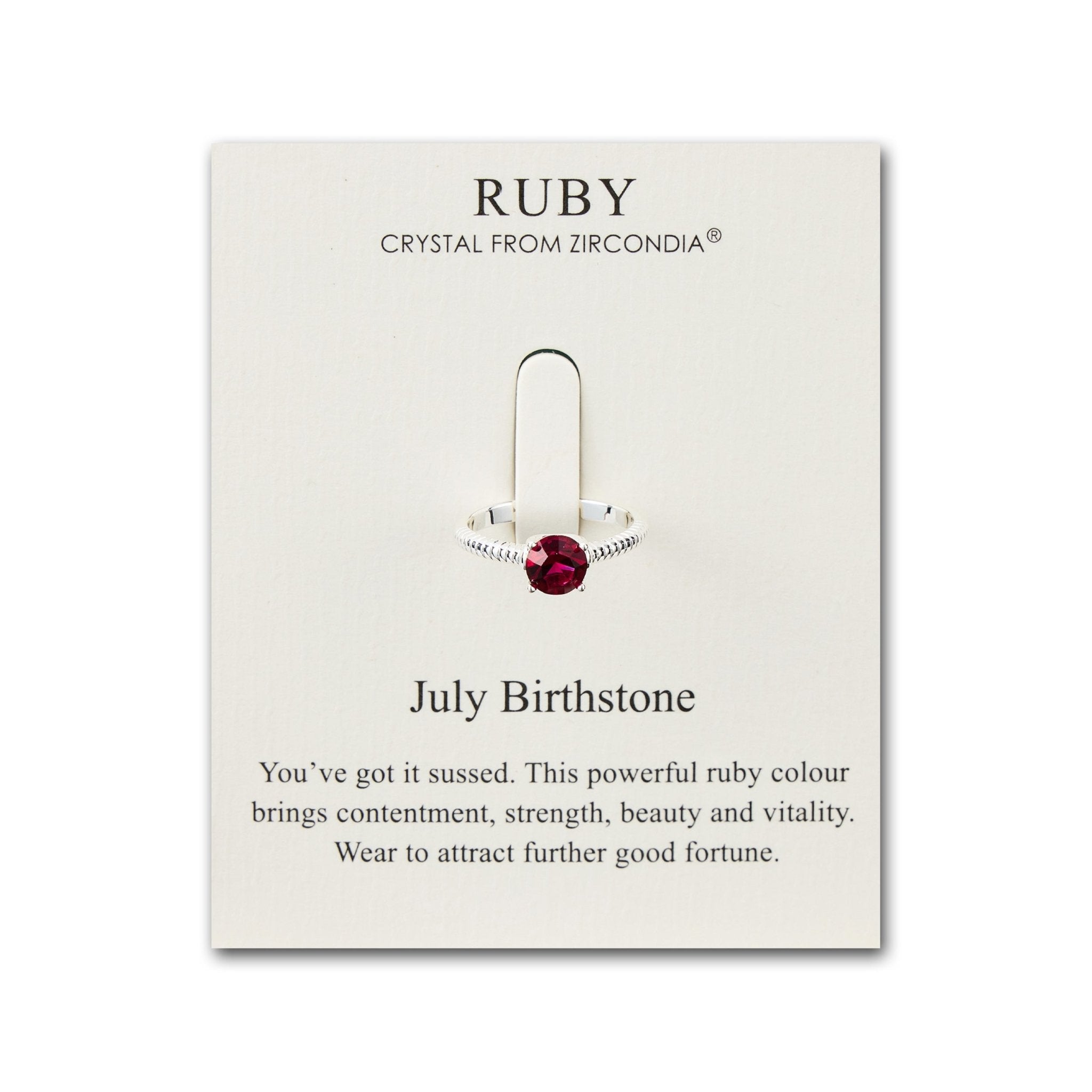 July (Ruby) Adjustable Birthstone Ring Created with Zircondia® Crystals - Philip Jones Jewellery