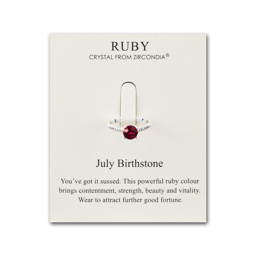July Birthstone Ring With Ruby Red Zircondia Crystal - Adjustable Silver Plated Solitaire
