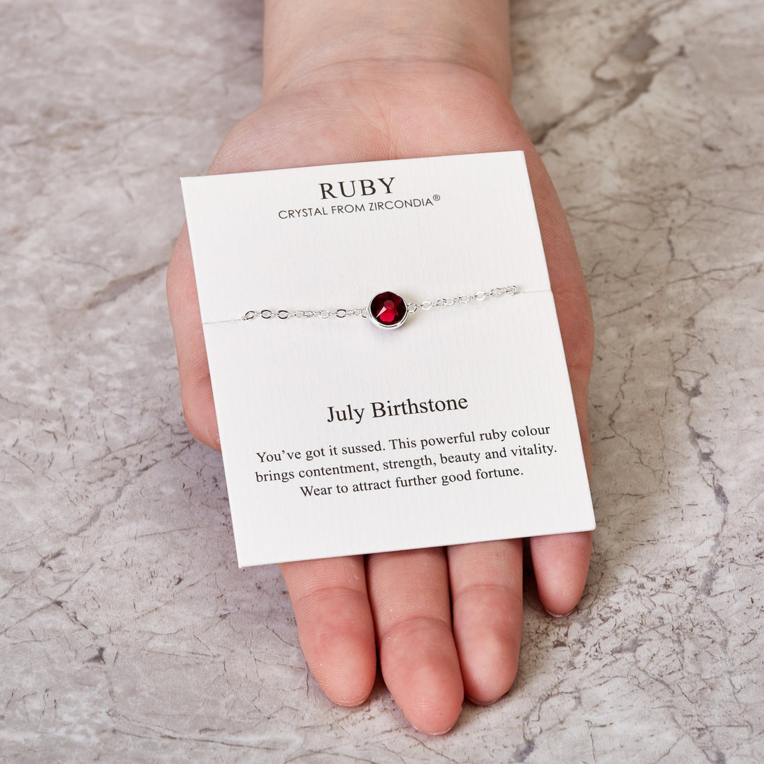 July (Ruby) Birthstone Anklet Created with Zircondia® Crystals - Philip Jones Jewellery