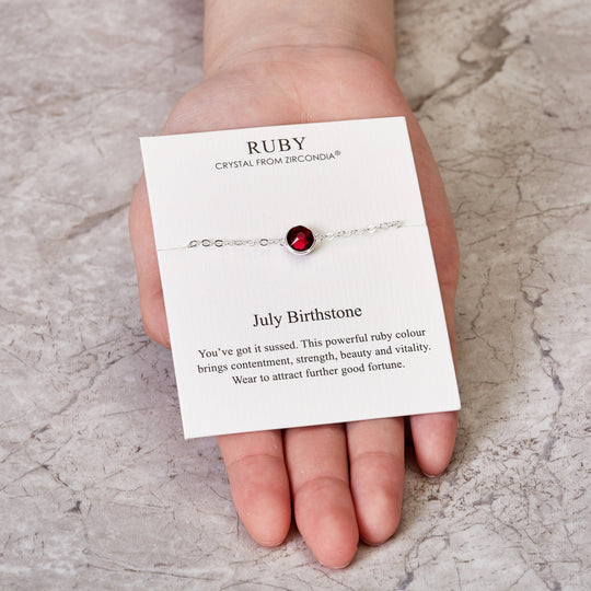 July (Ruby) Birthstone Anklet Created with Zircondia® Crystals - Philip Jones Jewellery