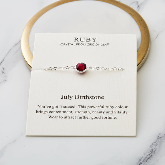July (Ruby) Birthstone Anklet Created with Zircondia® Crystals - Philip Jones Jewellery