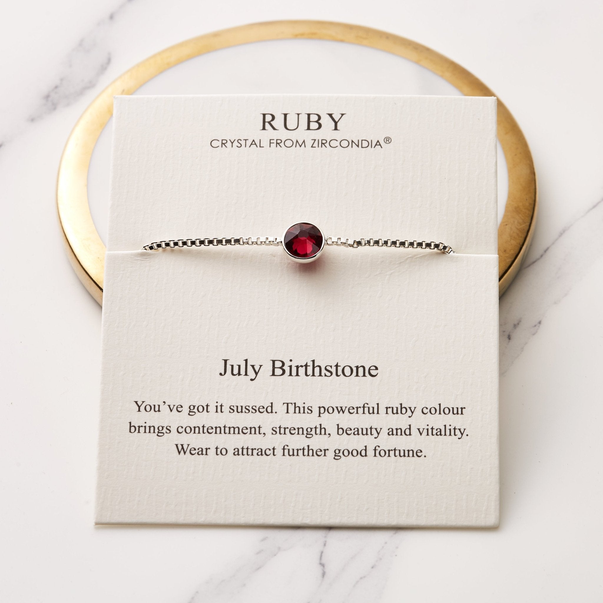 July (Ruby) Birthstone Bracelet Created with Zircondia® Crystals - Philip Jones Jewellery