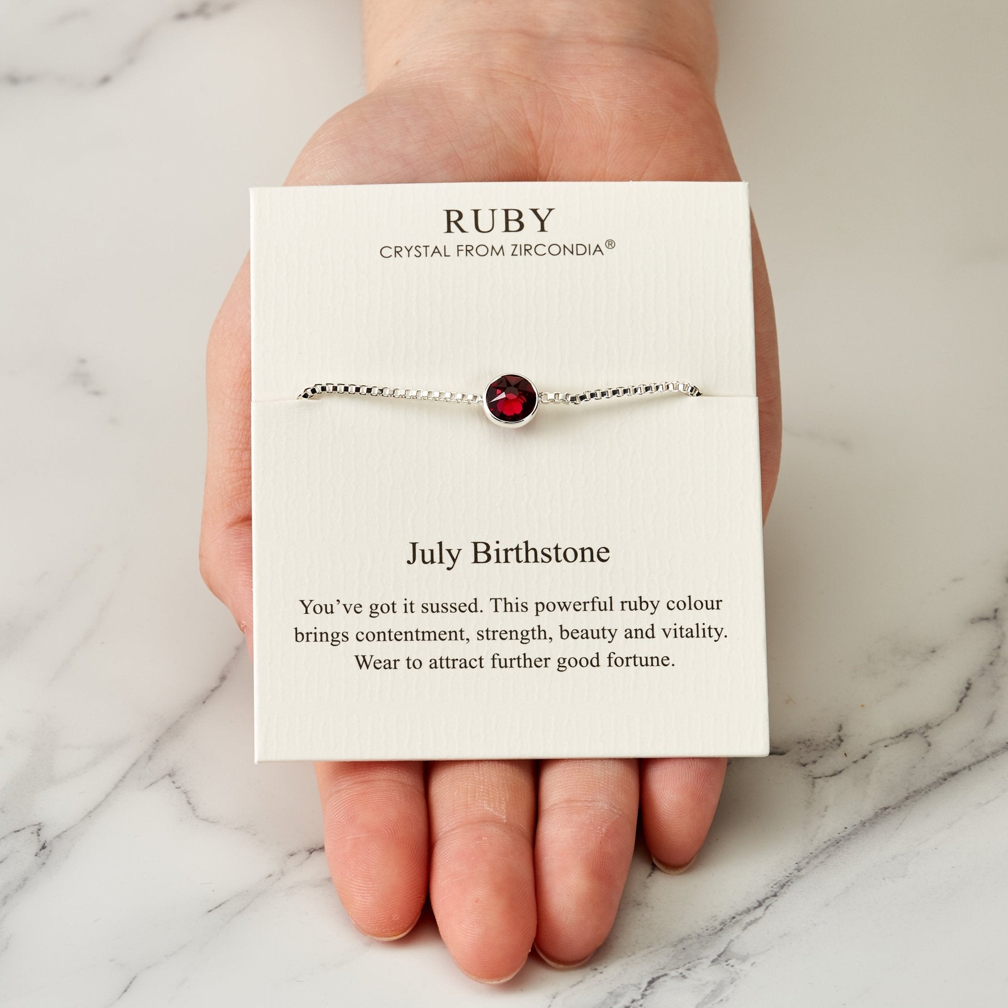 July (Ruby) Birthstone Bracelet Created with Zircondia® Crystals - Philip Jones Jewellery