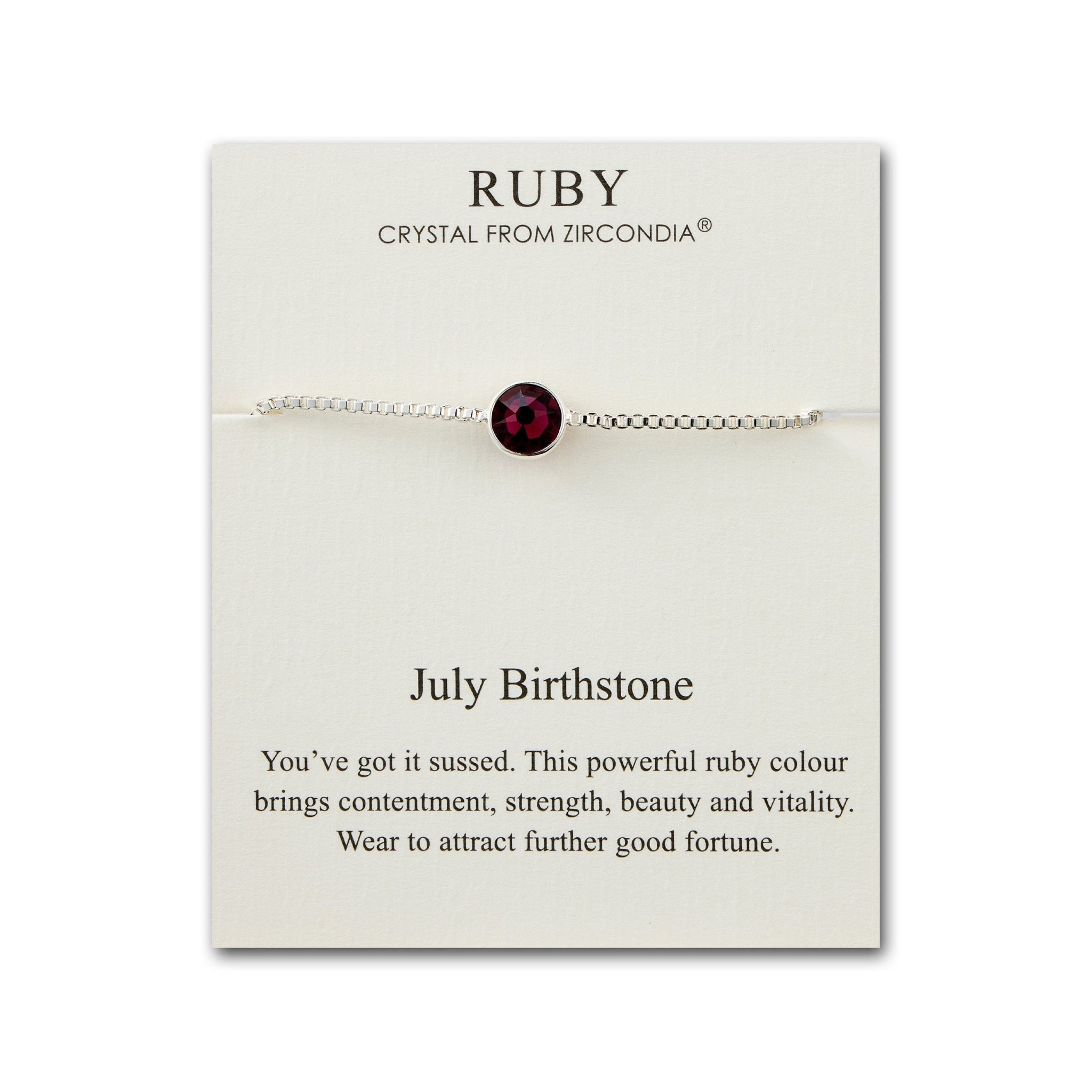 July (Ruby) Birthstone Bracelet Created with Zircondia® Crystals - Philip Jones Jewellery