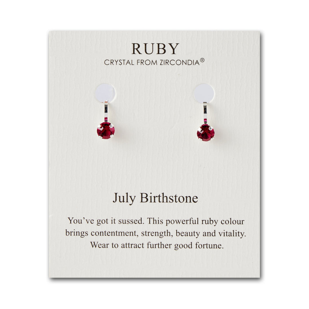 July (Ruby) Birthstone Clip On Earrings Created with Zircondia® Crystals - Philip Jones Jewellery