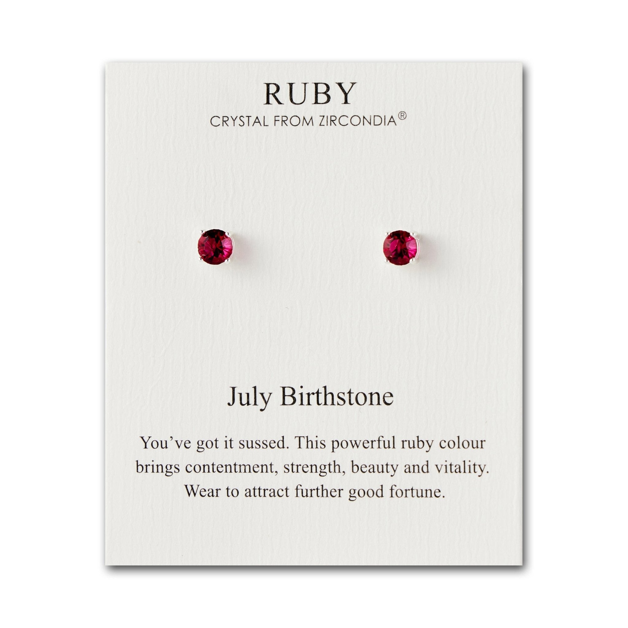 July (Ruby) Birthstone Earrings Created with Zircondia® Crystals - Philip Jones Jewellery