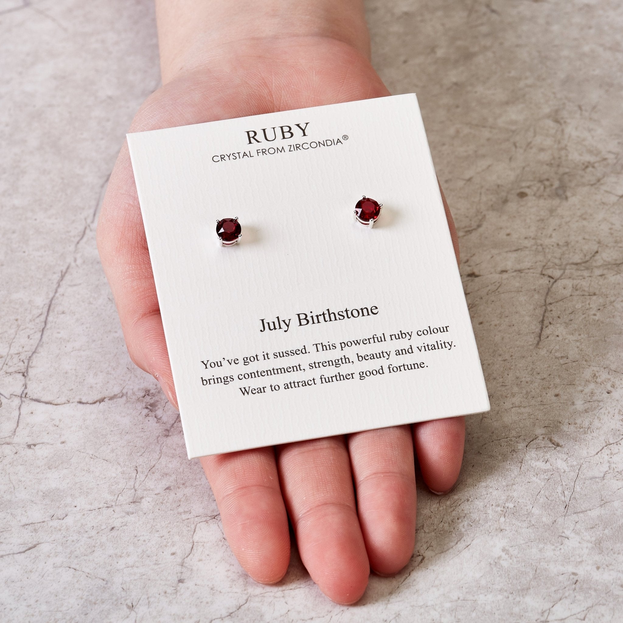 July (Ruby) Birthstone Earrings Created with Zircondia® Crystals - Philip Jones Jewellery