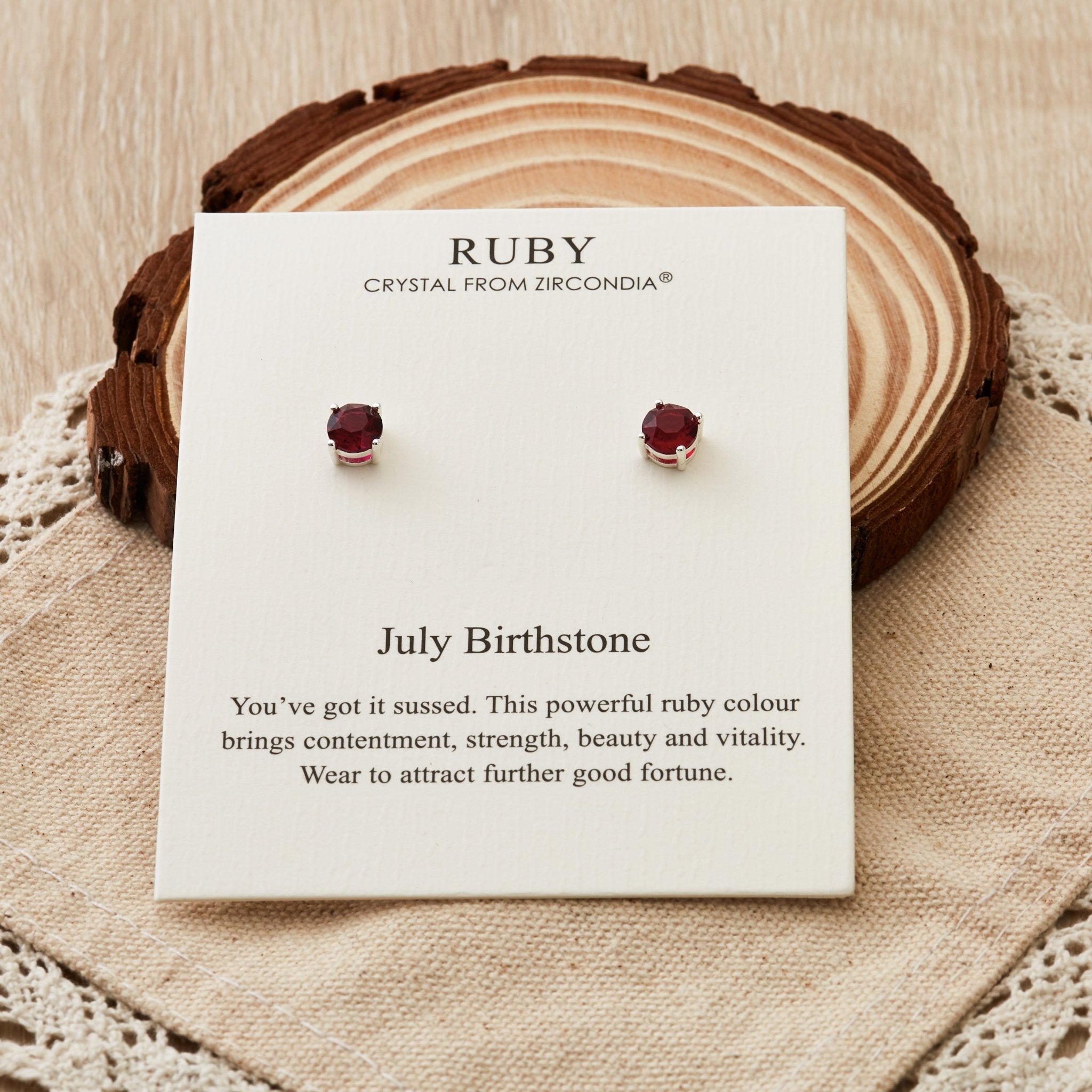 July (Ruby) Birthstone Earrings Created with Zircondia® Crystals - Philip Jones Jewellery