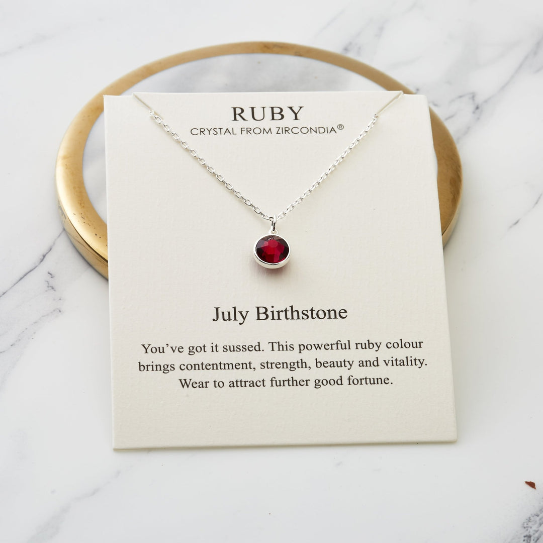 July (Ruby) Birthstone Necklace Created with Zircondia® Crystals - Philip Jones Jewellery