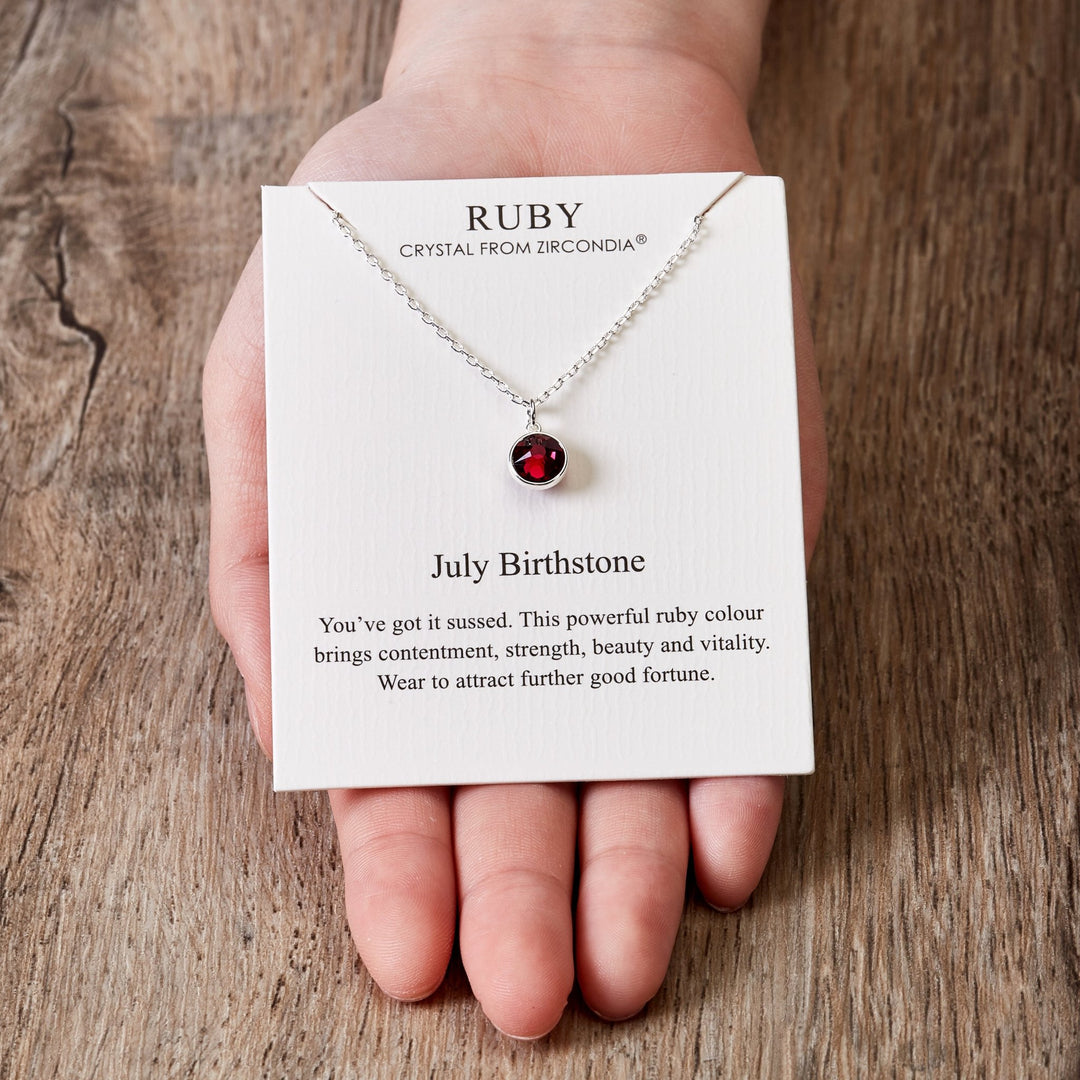July (Ruby) Birthstone Necklace Created with Zircondia® Crystals - Philip Jones Jewellery
