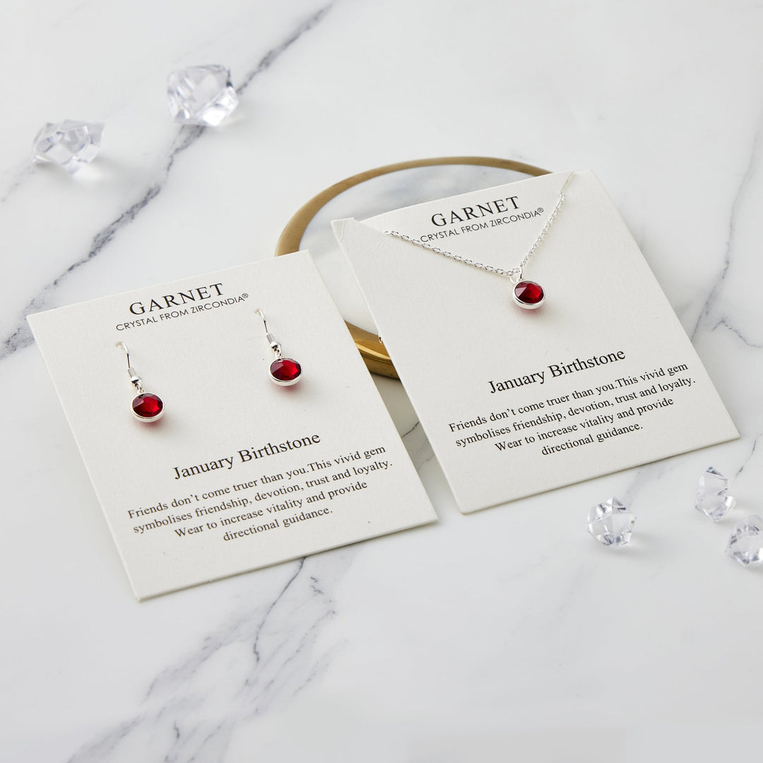 July (Ruby) Birthstone Necklace & Drop Earrings Set Created with Zircondia® Crystals - Philip Jones Jewellery
