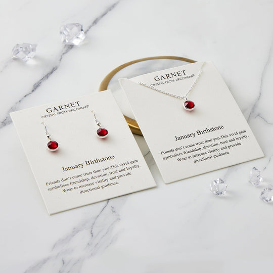 July (Ruby) Birthstone Necklace & Drop Earrings Set Created with Zircondia® Crystals - Philip Jones Jewellery