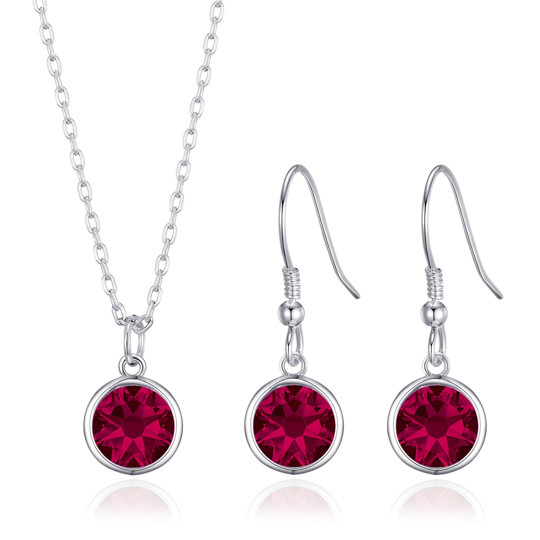 July (Ruby) Birthstone Necklace & Drop Earrings Set Created with Zircondia® Crystals - Philip Jones Jewellery