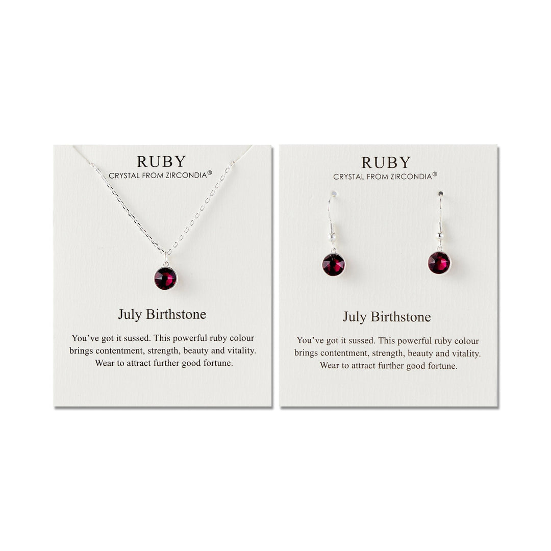 July (Ruby) Birthstone Necklace & Drop Earrings Set Created with Zircondia® Crystals - Philip Jones Jewellery